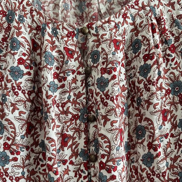 Lucky Brand Floral Peasant Top Print Red Blue Long Sleeve Elastic Hem Boho Sz M - Picture 4 of 8